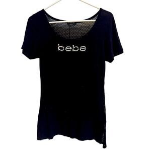 Y2K‎ Bebe Women’s Black Mesh Back Crystal Logo Short Sleeve T Shirt Size S Comfy